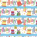Happy Birthday wrapping paper with colorful cake and gift box patterns on light blue stripes - Birthday Cake Gift Box