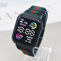 Digital sports watch with black square LED dial and red-green striped nylon strap - Black Green Red Patchwork