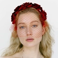 Detail of red camellia flower headband with elegant mesh veil for party fashion - Plain / Red