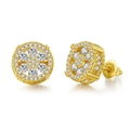 Detailed view of gold hip hop stud earrings with micro-pave zircons and screw backs - Gold