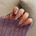 Almond-shaped purple nails with gold butterfly charm and French tips on knit background - Smoky Purple Gold Butterfly (JP971)