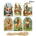 Set di 60 etichette pasquali vintage con conigli e spago di iuta per decorazioni - Combinazione di Pasqua Vintage