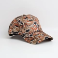 Detailed side view of tie-dye camouflage baseball cap in vibrant orange and navy tones - Spliced Camouflage Pattern