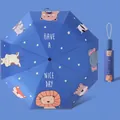 Navy blue automatic kids folding umbrella featuring a cartoon animal paradise pattern - Anti-rebound Automatic - Animal Paradise [Reflective Strip]