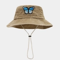 Khaki cotton bucket hat with blue butterfly embroidery and adjustable chin strap - One Size / Khaki