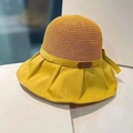 Women's bright yellow outdoor sun hat with woven crown and foldable fabric brim - Yellow Leather Label