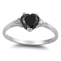 Detail view of 925 sterling silver ring featuring a black heart gemstone and side diamonds - Black