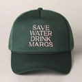 Close-up of pink embroidered text and decorative rope on a green mesh trucker hat - One Size / Dark Green
