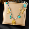 Colorful woven cord necklace with turquoise stars and gold cowboy themed pendants - Western Cowboy Blue Pink Purple Rope Necklace (N3622)
