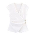 Top cruzado blanco sin mangas con tejido texturizado y broche dorado en talla S - S / Top Blanco