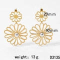 Detail view of gold stainless steel hollow flower earrings with pearls and size 40mm specs - Flower Gold (D3135)