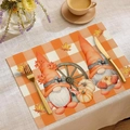 Detailed harvest gnome print on orange checkered placemat with pumpkins and maple leaves - Gnome Pumpkin