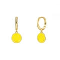 Detailed close-up of S925 sterling silver hoop earrings with yellow enamel smiley face charm - 24K / Gold-Yellow Smile Face (JQH0081-GG-7)