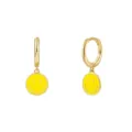 Detailed close-up of S925 sterling silver hoop earrings with yellow enamel smiley face charm - Gold Bright Yellow Smiley Face (JQH0081-GG-7)