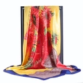 Foulard quadrato in seta satinata con vivaci girasoli rossi su stampa floreale colorata - 90*90cm / Pittura a Olio Marina