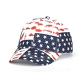 Red, white, and blue tie-dye baseball cap with fish and star patriotic patterns - US Flag Fish Shrimp Patchwork