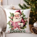 Vintage Santa Claus Christmas pillowcase with Believe text on white fabric in festive setting - TQYM72-1 (Retro Santa)