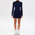 Navy blue two-piece yoga set with zip-up long sleeve jacket and side-striped mini skirt - S / Dark Blue (Yoga Jacket + Sport Skirt)