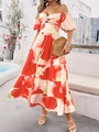 Detail of red floral off-shoulder maxi dress with puff sleeves in a summer resort setting - S / White with Orange Floral