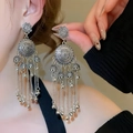 Antique silver tassel earrings with floral engraving and hanging Jhumka bells - Antique Silver Ethnic Jhumka Tassel (296)