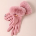 Pink winter thermal touch screen gloves for women with faux fur cuffs and metal tag - Gold Label Rabbit Fur / Pink