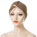 Two-tone twist turban hat in coffee and beige with a front cross pleated design - Dark Khaki & Beige