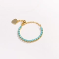Detail of adjustable gold bolo bracelet with turquoise stones and heart charm - Adjustable Open / Sky Blue Zircon - Gold
