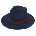 Navy blue straw fedora hat with brown leather band accessory for beach and leisure style - Navy Blue