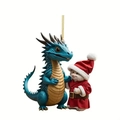Blue Christmas dragon and cat in red Santa suit hanging ornament with gold cord - Blue Flying Dragon with Pet