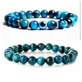 Tiger eye and evil eye beaded bracelets with blue stone textures and silver spacers - Cyan Blue Tiger Eye Set