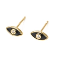 Dettaglio dei piccoli orecchini a lobo occhio del diavolo in oro con smalto nero e zircone - Perno orecchini in argento sterling 925 / Smalto Nero