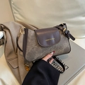 Retro small square crossbody bag in deep brown leather and grey textured fabric - No Pendant / Brown