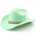 Detail of mint green suede cowboy hat with colorful woven band and shell charm accessory - M (56-58cm) / Fruit Green
