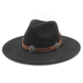 Detail of western fedora hat featuring brown leather band with silver conchos and turquoise - Black