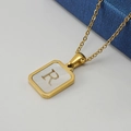 Gold stainless steel square shell pendant necklace with initial letter R engraving - Gold Letter R