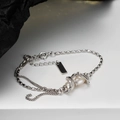 Minimalist S925 silver beaded bracelet with elegant pearls and a rectangular charm tag - 925 Silver / White Gold