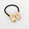 Elegant gold bow hair tie with textured alloy metal and high elastic black rubber band - Gold Crinkle