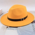 Yellow wool felt wide brim fedora hat featuring a stylish black faux leather belt buckle - Flat Brim With Regular Leather Belt / Yellow