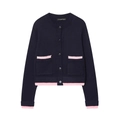 Cardigan in maglia blu scuro con bordo rosa a contrasto e bottoni neri singoli - S / Blu Notte e Rosa Contrasto