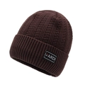 Men's dark brown ribbed knit beanie with a leather IFARDI logo patch for winter - One Size / Coffee