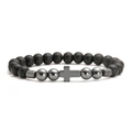 Natural lava stone beaded bracelet with polished silver cross charm for men and women - Matte Black with Cross