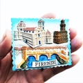 Detail showing hand-held 3D resin Florence fridge magnet with Duomo and Ponte Vecchio - Florence Stamp