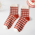 Red and cream gingham patterned mid-calf socks with ribbed cuffs for a sweet retro look - One Size / Red White Plaid