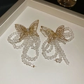 Detailed close-up of golden hollow butterfly earrings with crystal tassel drops - 12# Silver Earring Post - White - Butterfly