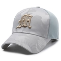 Light gray camouflage mesh baseball cap with premium 3D gold embroidery and breathable back - Light Grey Camo Gold Embroidery / Light Gray