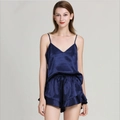 Women's dark blue satin silk pajamas set with V-neck camisole and ruffled shorts - Navy Blue