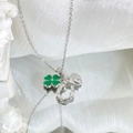 Silver titanium steel necklace with green clover, heart, and horseshoe pendants - Silver - Four-leaf Clover Heart Necklace