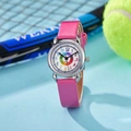 Close-up of pink leather watch band and white dial with colorful minute markers - Rose Red