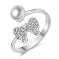 Silver hollow ring featuring a white faux pearl and a sparkling diamond-set bow design - Pearl Bowknot / Platinum Color-J195