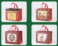 Christmas non-woven tote bag with festive red and black plaid reindeer design - Pack of 4 (1 of Each)